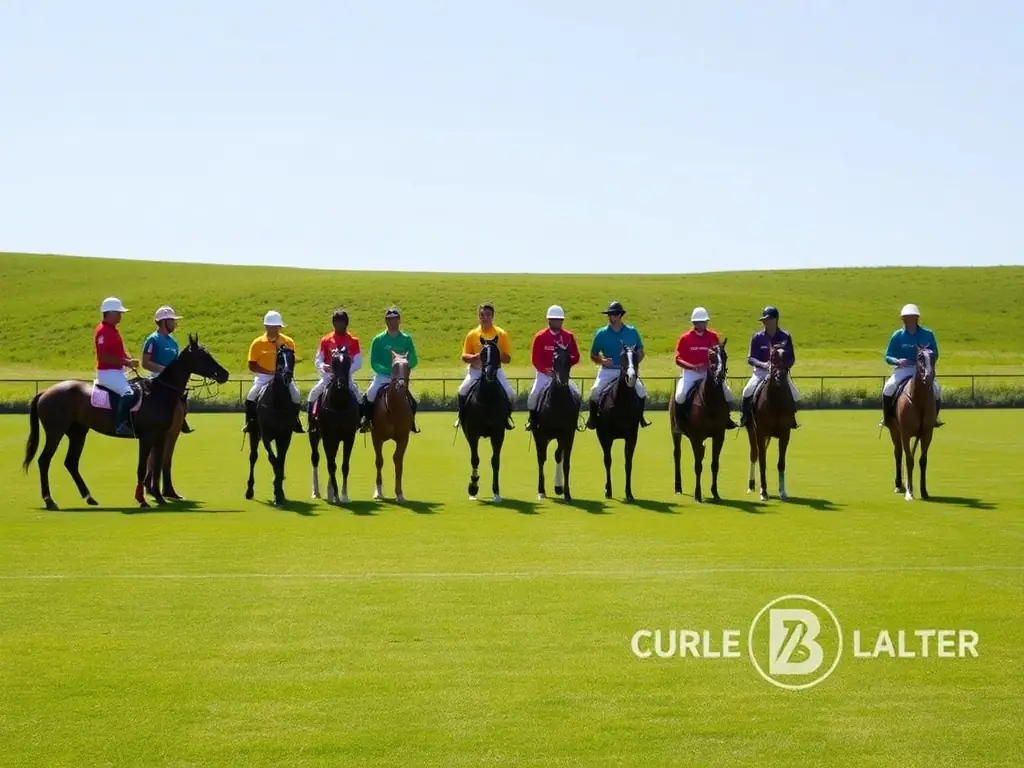 A photograph depicting four polo teams lined up on a vibrant green field, ready for a match. The image captures the essence of teamwork and anticipation before the game begins.