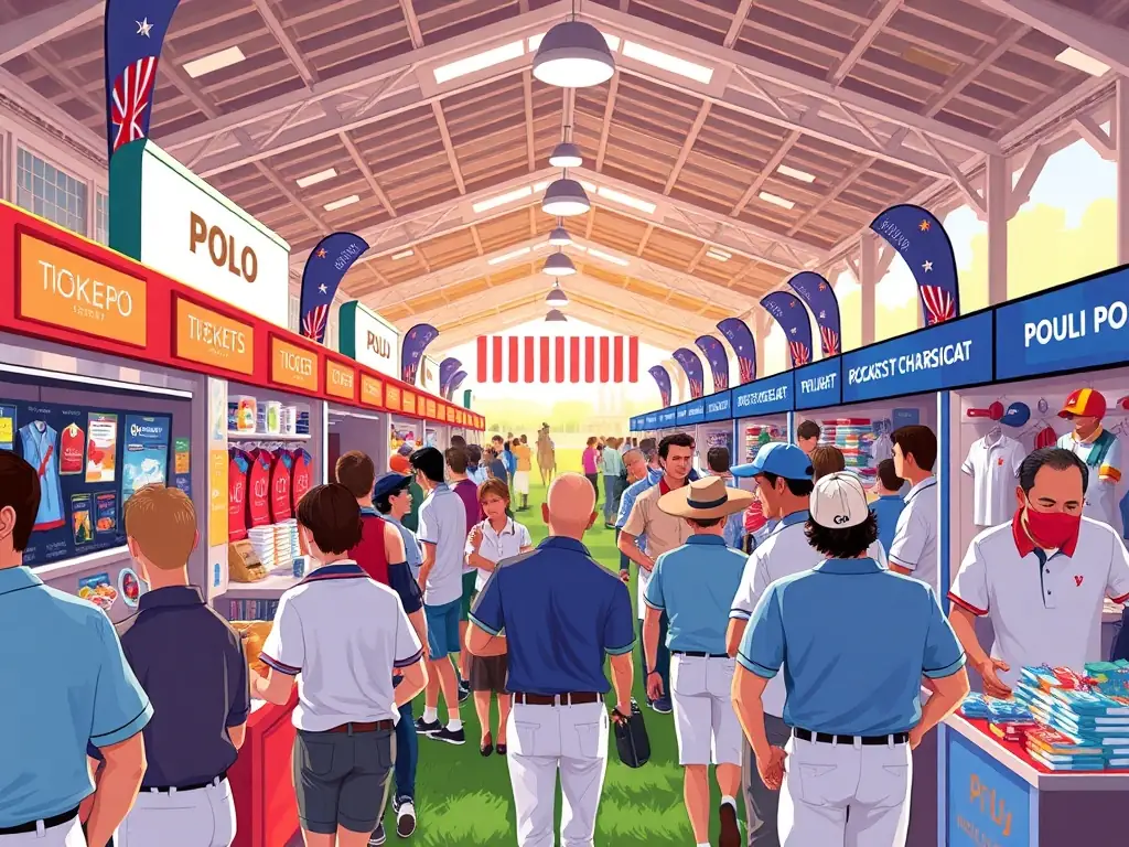 A visually appealing image illustrating revenue generation through ticket sales, merchandise, and sponsorships at a Champion Pride Polo League event.