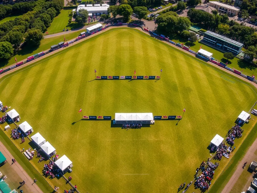 An aerial view of a polo field prepared for Finals Day, showcasing the layout and setup for the event. Tents and spectator areas are visible, with flags and banners adding to the festive atmosphere.