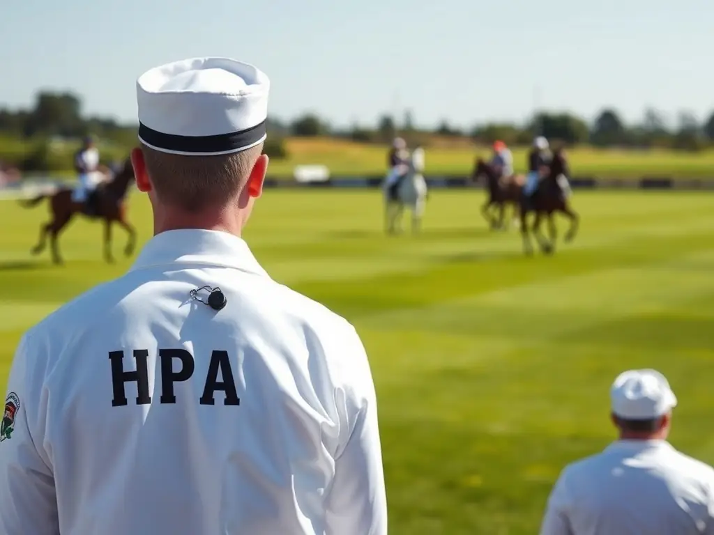 A photograph of an HPA umpire officiating a polo match, emphasizing their role in maintaining order and fairness during the game, highlighting the importance of impartial officiating in the Champion Pride Polo League.