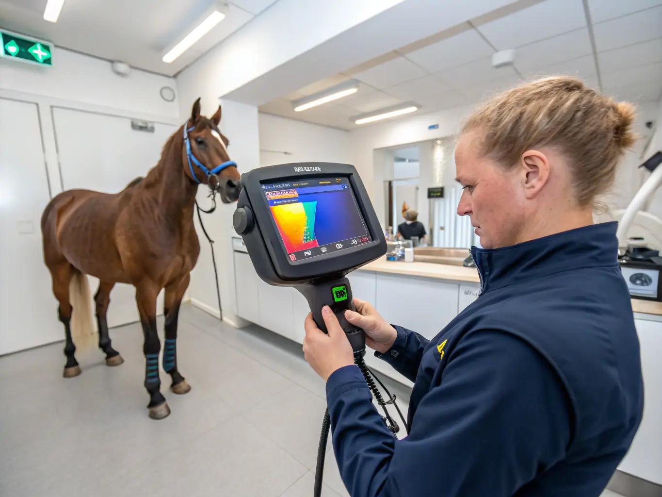 A heartwarming scene of a veterinarian carefully examining a polo pony, with other members of the team looking on with concern and care.