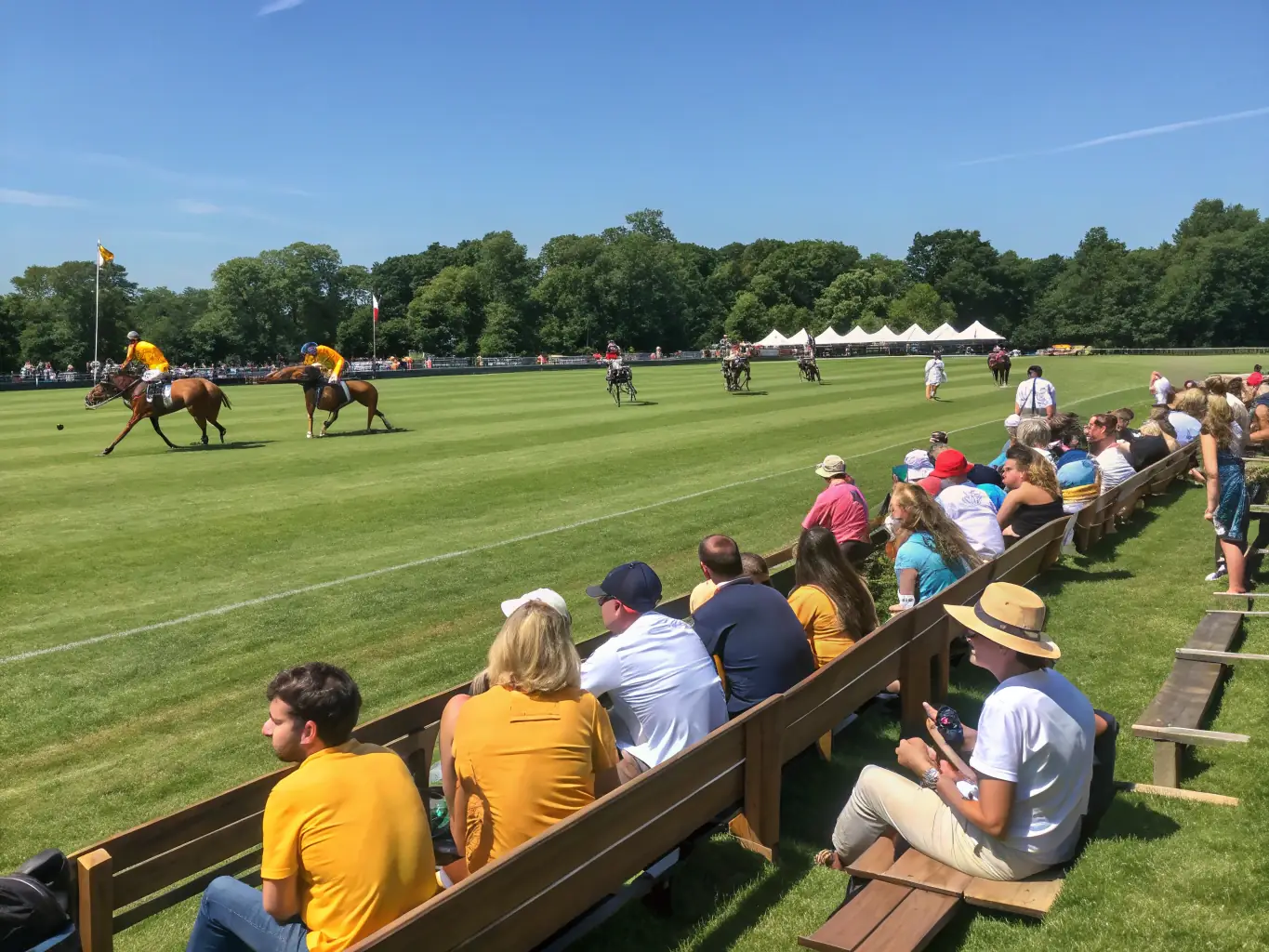 A high-definition photograph capturing a polo match in action, focusing on the intensity and skill of the players and horses during a chukka, showcasing the competitive spirit of the Champion Pride Polo League.