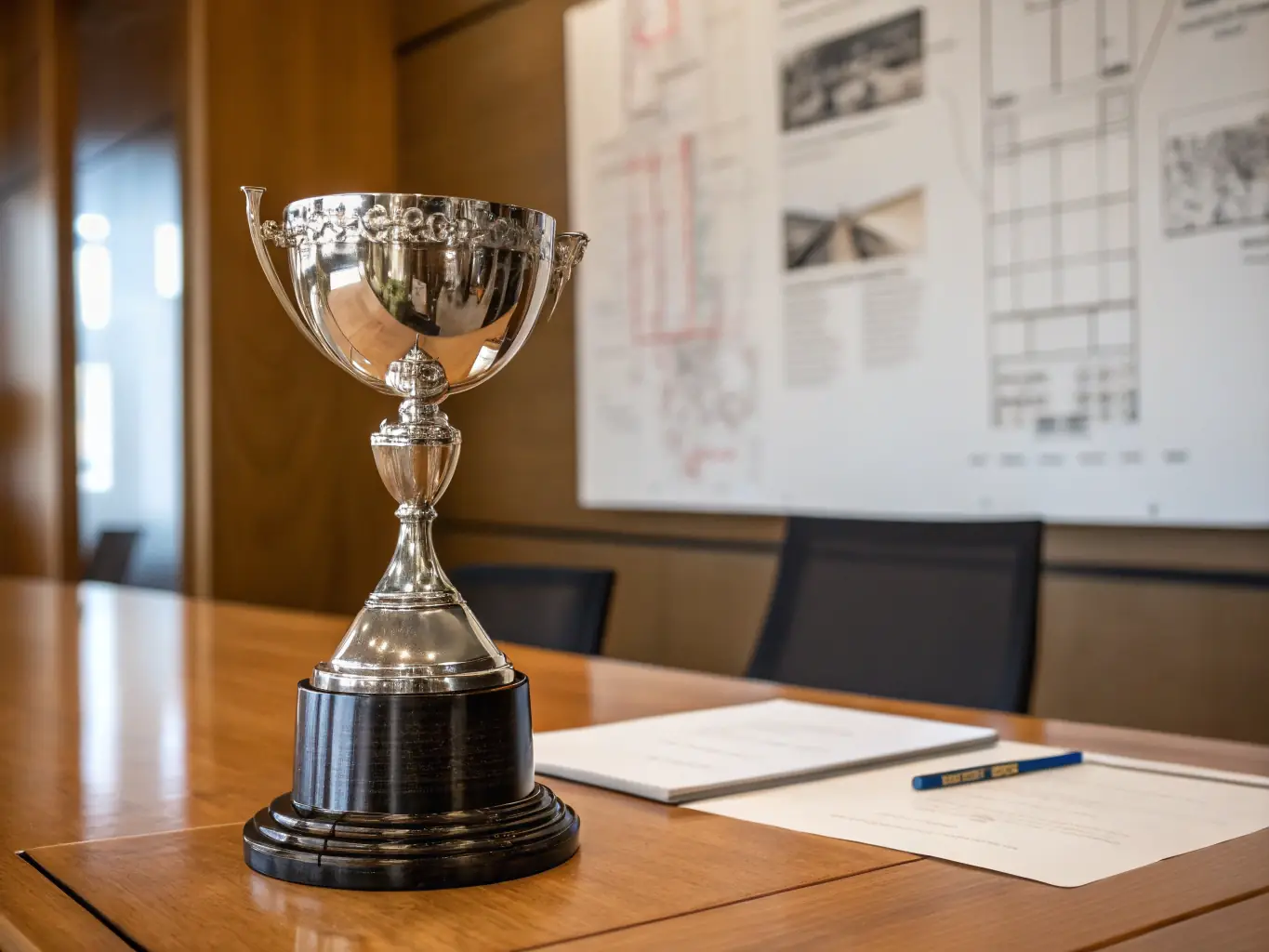 A close-up shot of the Champion Pride Polo League trophy, gleaming in the sunlight. The trophy is engraved with the league's logo and the names of past champions, symbolizing the prestige and history of the competition.